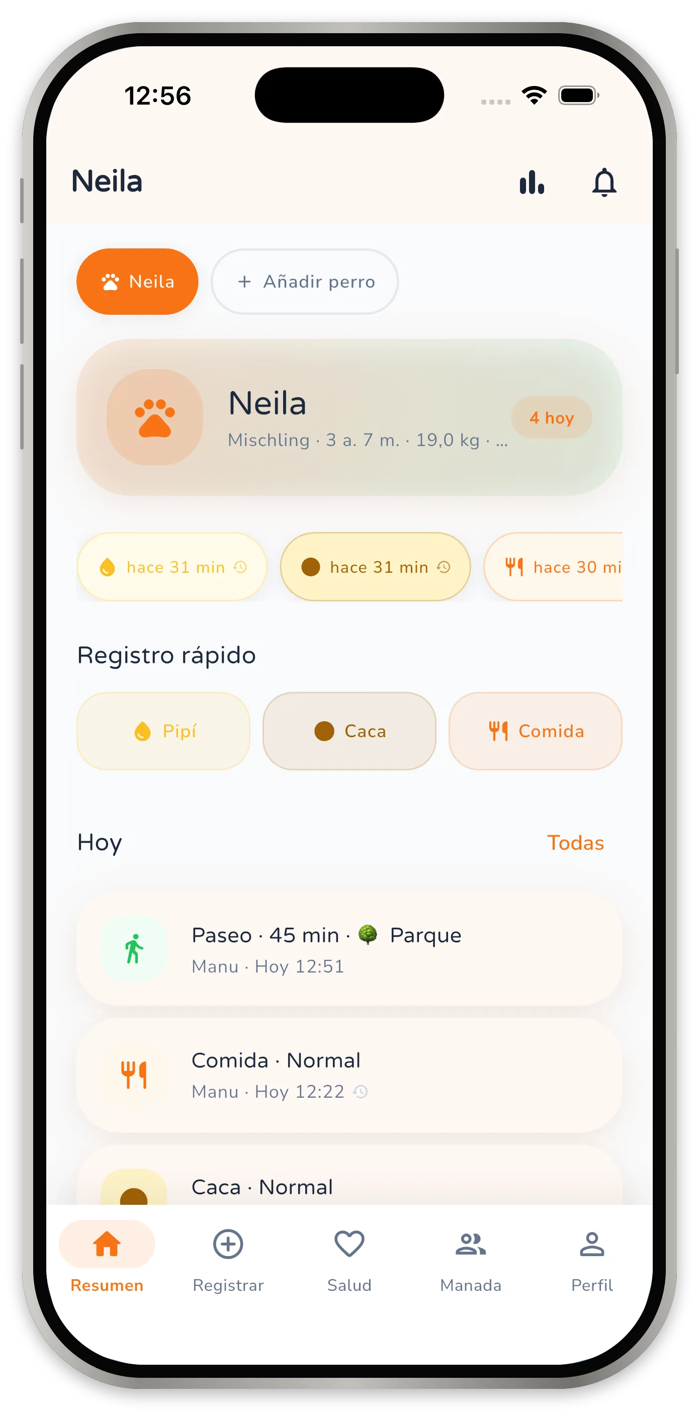 Pantalla principal de Naylo con la ficha del perro arriba, tres píldoras de estado y el registro de hoy con paseo, comida y caca.