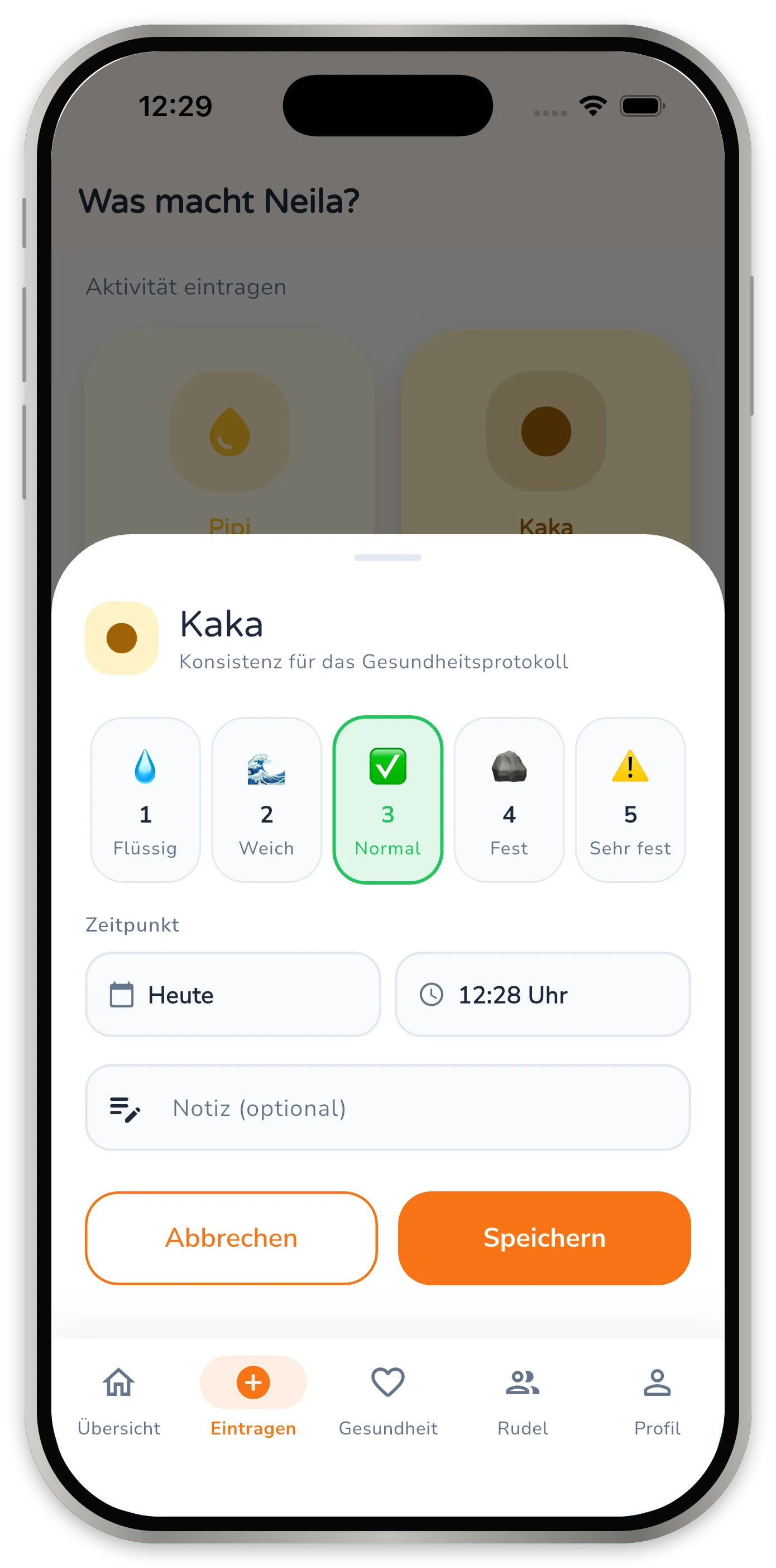 Eingabefenster für Kaka mit der fünfstufigen Konsistenz-Skala von flüssig bis sehr fest.