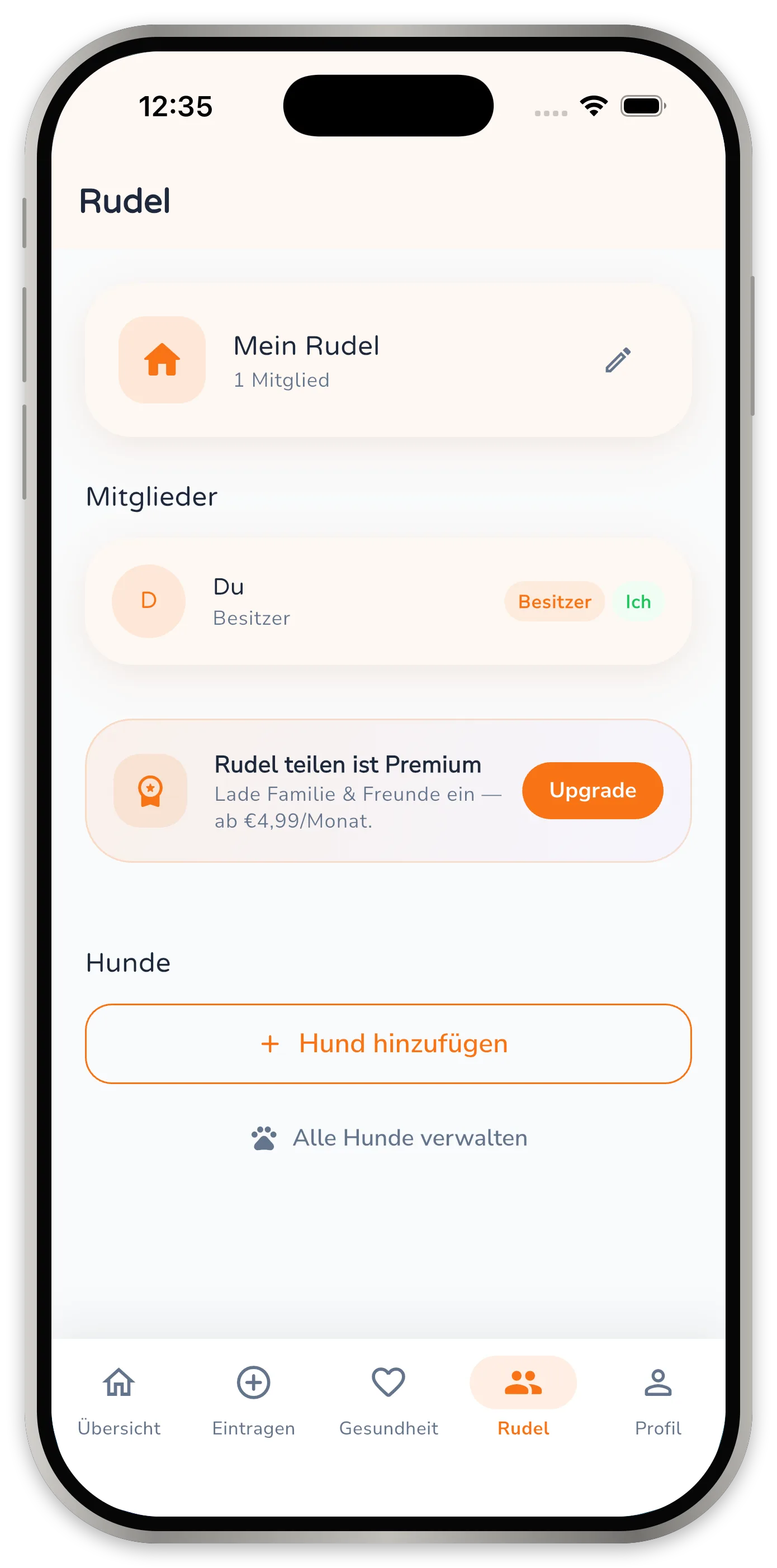 Rudel-Bildschirm mit dem Haushaltsnamen, der Mitgliederliste und dem Premium-Hinweis zum Einladen.