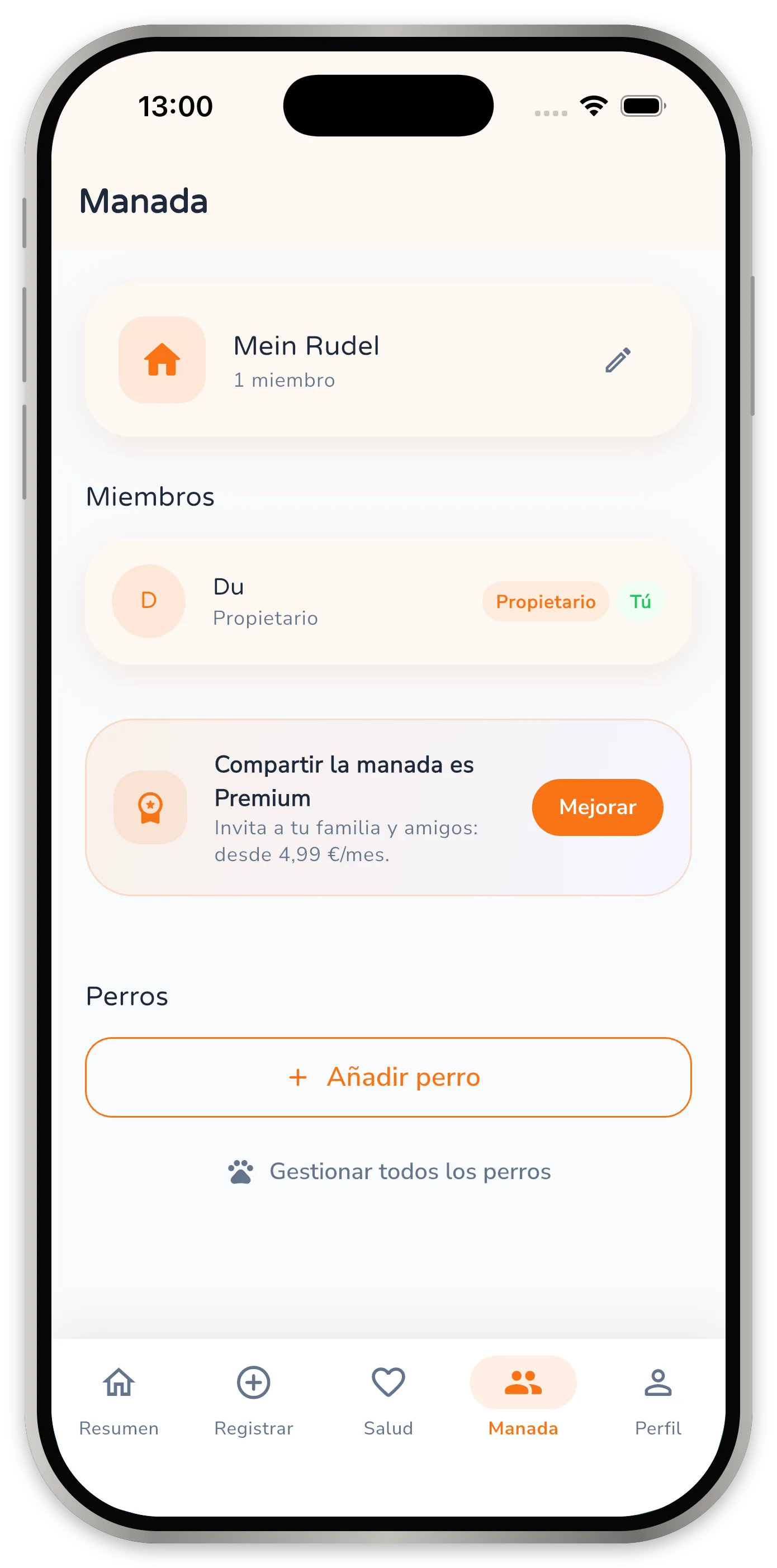 Pantalla de la manada con el nombre de la casa, la lista de miembros y el aviso de que invitar es de Premium.