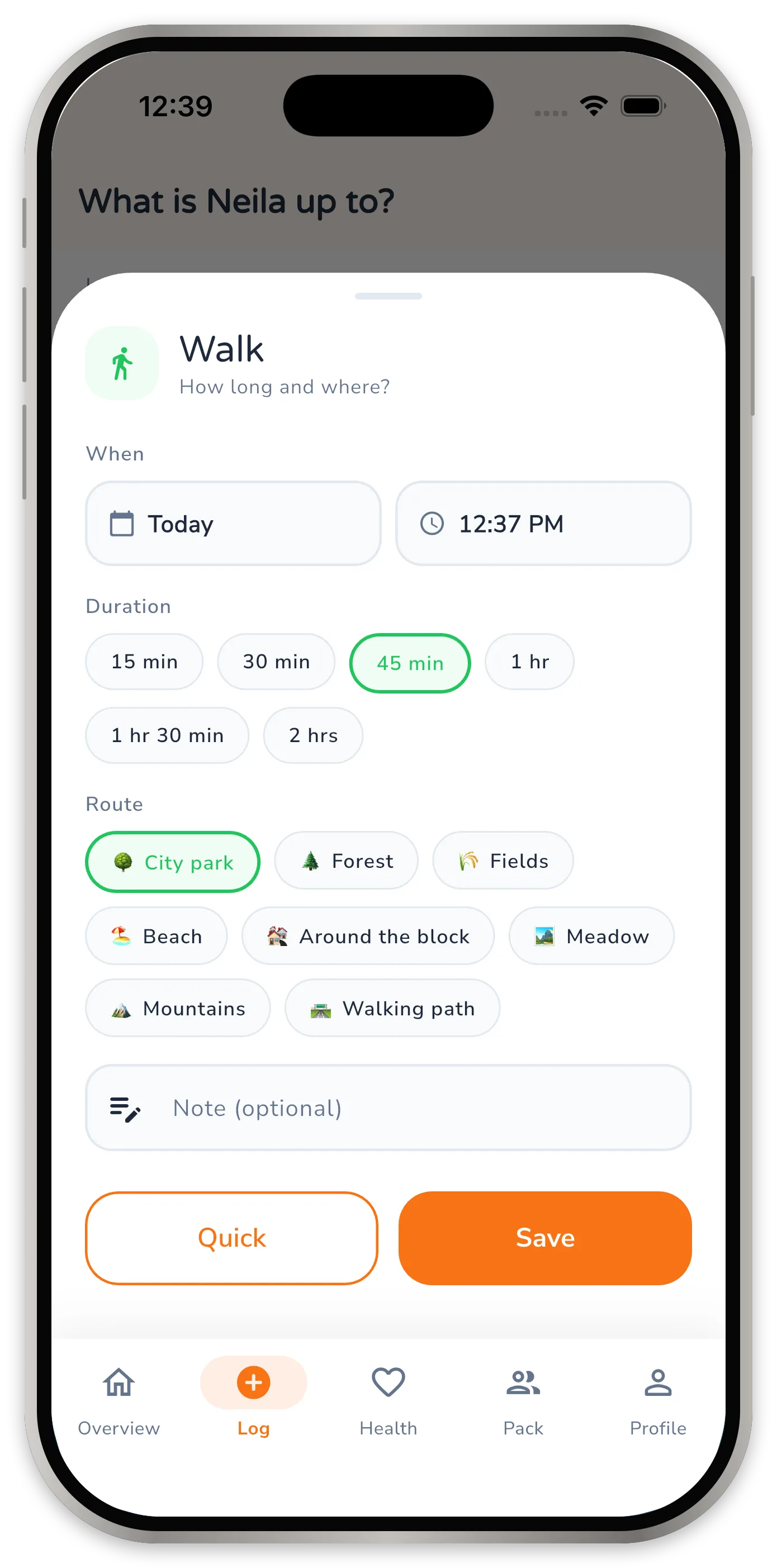 The walk sheet with selectable options for duration and route plus a note field.