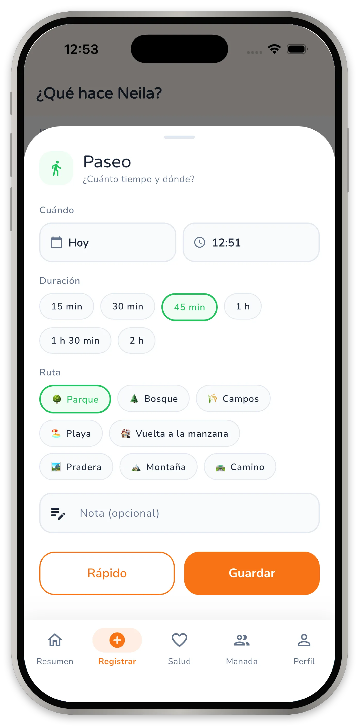 Ventana de paseo con opciones para elegir duración y ruta, más un campo de notas.